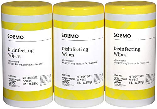 Amazon Brand - Solimo Disinfecting Wipes, Lemon Scent, Sanitizes/Cleans/Disinfects/Deodorizes, 75 Count (Pack of 3)