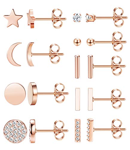 FIBO STEEL 9 Pairs Stainless Steel Star Moon Stud Earrings for Women Cute Bar CZ Stud Earring Set Rose Gold