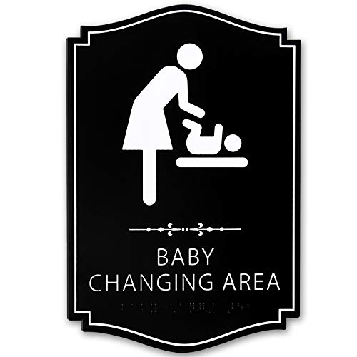 KickFire Classics Braille Baby Changing Station Sign - ADA Compliant Black and White Signage - Strong Double Sided Tape - Durable Wall Mount Board for Public, Daycare, Restroom, Bathroom, Restaurant