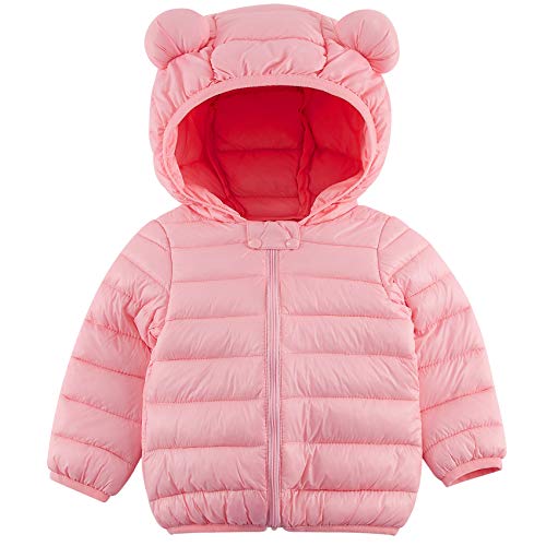 Infant Baby Boy Girls Coats Pink Down Alternative Hoodie Coats with Ears Toddler Windproof Lightweight Winter Warm Puffer Jacket Coat for 1-2 Years Old Kids