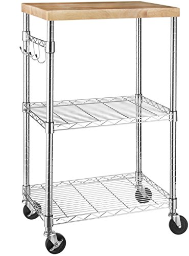 AmazonBasics Kitchen Rolling Microwave Cart on Wheels, Storage Rack, Wood/Chrome