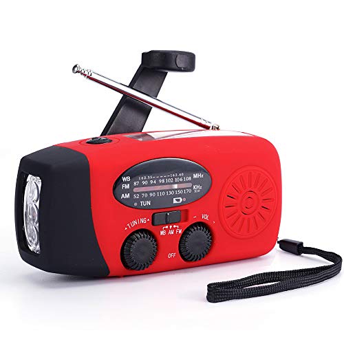 FM/AM/NOAA Weather Radio Hand Crank Self Powered Solar Emergency Radios with 3 LED Flashlight 1000mAh Power Bank Smart Phone Charger (Red)