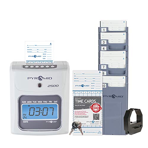 Pyramid 2500 Small Business Time Clock Bundle with 100 Time Cards, 1 Ribbon, 1 Time Card Rack, 2 Security Keys - No Employee Limit