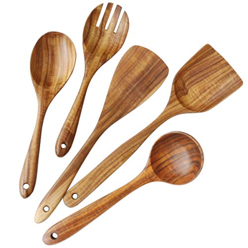 Wooden Spoons for Cooking, ADLORYEA Wood Utensils Set for Nonstick Cookware, 100% Handmade by Natural Teak Wood Without Any Painting