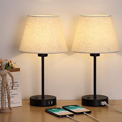 Table Lamp, Bedside Lamp Set of 2 with Dual USB Charging Ports, Modern Nightstand Light Perfect for Bedroom, Living Room, Study Room