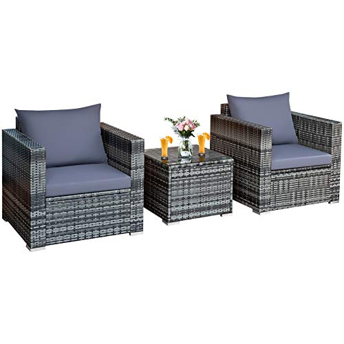 Tangkula 3 Pieces Patio Furniture Set, PE Rattan Wicker Sofa Set w/Washable Cushion and Tempered Glass Tabletop, Outdoor Conversation Furniture for Garden Poolside Balcony (Mix Grey)