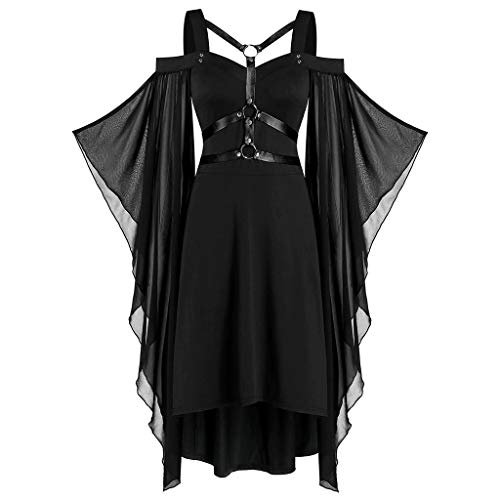 Yemenger Halloween Dresses for Women Plus Size Witch Chiffon Strappy Dress with Asymmetric Hem Pretty Costumes for Girls Black