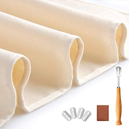 Medium Professional Bakers Dough Couche (30'' × 18'')- Inch Linen Pastry Cloth for Baking Baguette, with Bread Lame and Replaceable 5 Blades,including Leather Protective Cover