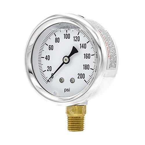 PIC Gauge S201L-254G 0-200 PSI Pressure Gauge, 2 1/2' Dial, 1/4' Male NPT Connection, Bottom Mount, Single Scale, Glycerin Filled, Stainless Steel Case/Bezel, Brass Internals & Plastic Lens