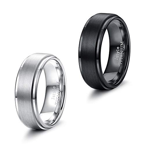 Jstyle 2Pcs Titanium Rings for Men Women Wedding Engagement Promise Rings Cool Simple Band Ring Set 8MM Wide Size 7-14 Black/Silver Tone 11