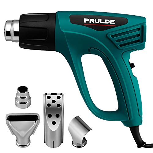 Heat Gun Dual Temperature Settings, PRULDE N2190 1500W Hot Air Gun 800°F - 1112°F, Overload Protection with 4 Metal Nozzle Attachments for Shrink Wrapping/Tubing, Paint Removal