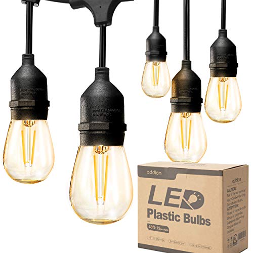 addlon LED Outdoor String Lights 48FT with 2W Dimmable Edison Vintage Plastic Bulbs and Commercial Grade Weatherproof Strand - UL Listed Heavy-Duty Decorative LED Café Patio Light , Porch Market Light