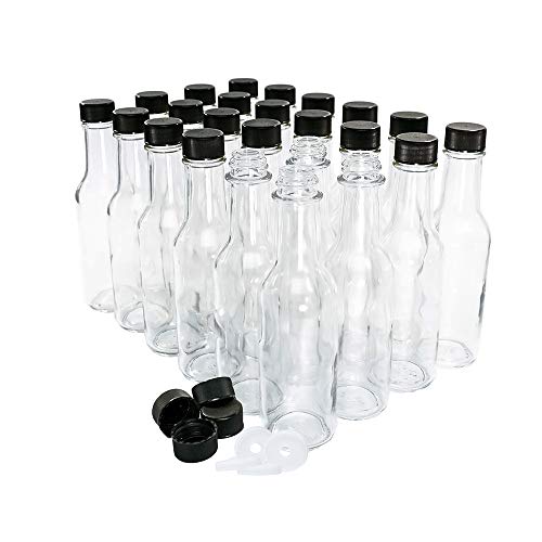 (24 Pack) 5 oz. Clear Glass Hot Sauce Bottle (woozy) with Black Cap and Orifice Reducer