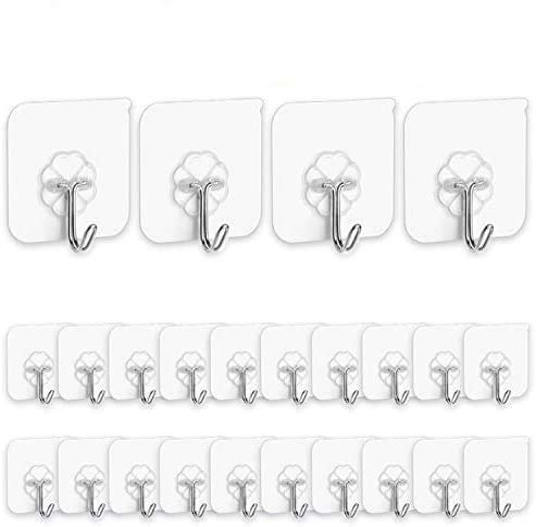 Adhesive Hooks Kitchen Wall Hooks- 24 Packs Heavy Duty 13.2lb(Max) Nail Free Sticky Hangers with Stainless Hooks Reusable Utility Towel Bath Ceiling Hooks (Adhesive Hooks)