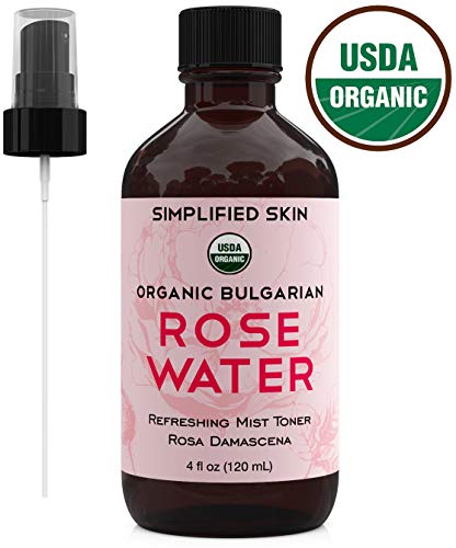 Rose Water for Face & Hair, USDA Certified Organic Facial Toner. Alcohol-Free Makeup Setting Hydrating Spray Mist. 100% Natural Anti-Aging Petal Rosewater by Simplified Skin (4 oz)