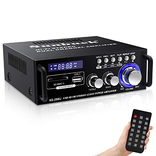 180W Wireless Bluetooth Stereo Amplifier, Sunbuck Dual Channel Sound Power Audio Receiver w/USB, SD Card, FM Radio for Home Theater Entertainment Speakers with Remote Control (AS-25BU)