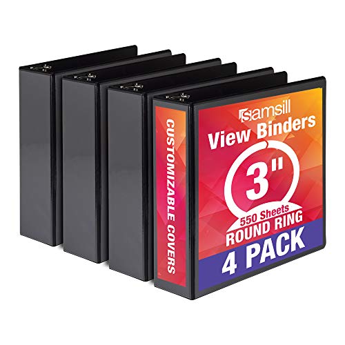 Samsill Economy 3 Ring Binder Organizer, 3 Inch Round Ring Binder, Customizable Clear View Cover, Black Bulk Binder 4 Pack