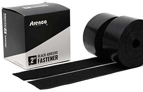 Strenco 2 Inch Adhesive Black Hook and Loop Tape - 5 Yards - Heavy Duty Strips - Sticky Back Fastener