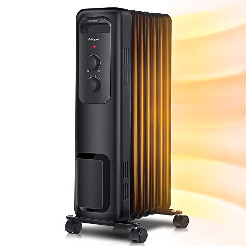 Space heater, Aikoper 1500W Oil Filled Radiator Heater with 3 Heat Settings, Adjustable Thermostat, Quiet Portable Heater with Tip-over & Overheating Functions for Home, Office, Black