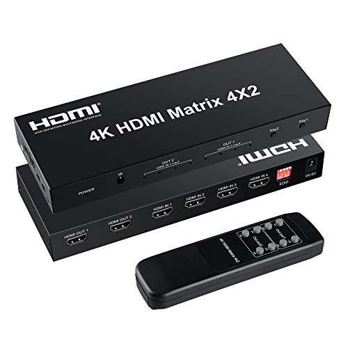 FERRISA 4x2 HDMI Matrix Switch,4 in 2 Out Matrix HDMI Video Switcher Splitter +Optical & L/R Audio Output,Support Ultra HD 4K x 2K,3D 1080P,Audio EDID Extractor with IR Remote Control & Power Adapter