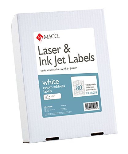 MACO Laser/Ink Jet White Return Address Labels, 1/2 x 1-3/4 Inches, 80 Per Sheet, 20000 Per Box (ML-8025B)