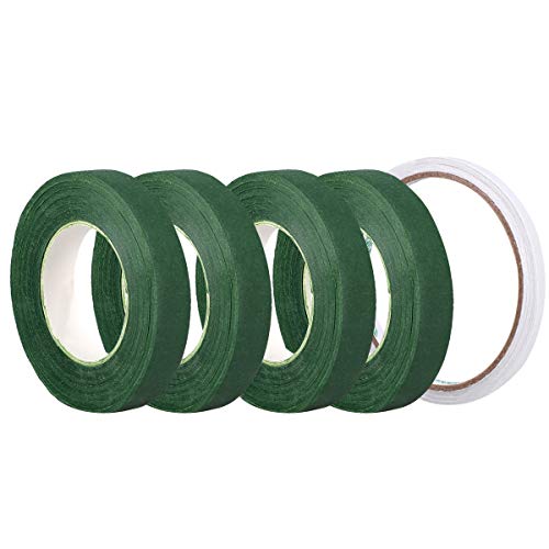 4 Roll 1/2 Inch Floral Stem Wrap Tapes for Wedding Bouquets, Flower Pens and Artificial Flower Decorations with 1 Roll Double-Sided Adhesive Tape (Dark Green)