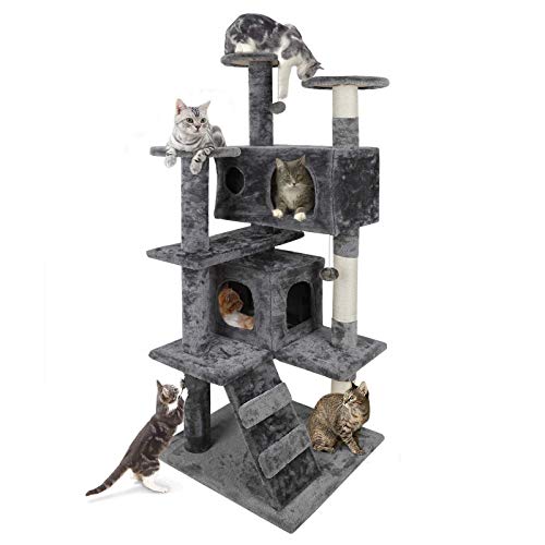 Nova Microdermabrasion 53 Inches Multi-Level Cat Tree Stand House Furniture Kittens Activity Tower with Scratching Posts Kitty Pet Play House (Grey)