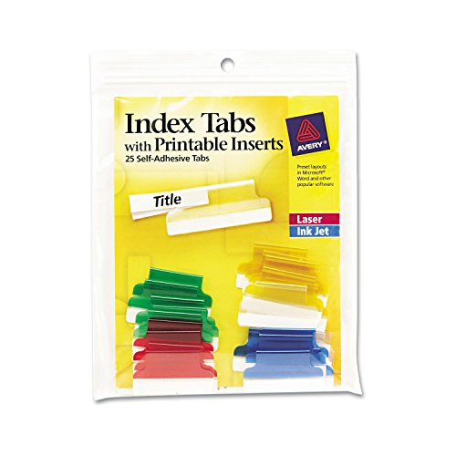 Avery 16219 Insertable Index Tabs with Printable Inserts, 1, Assorted Tab (Pack of 25), Assorted: Blue, Clear, Green, Red, Yellow