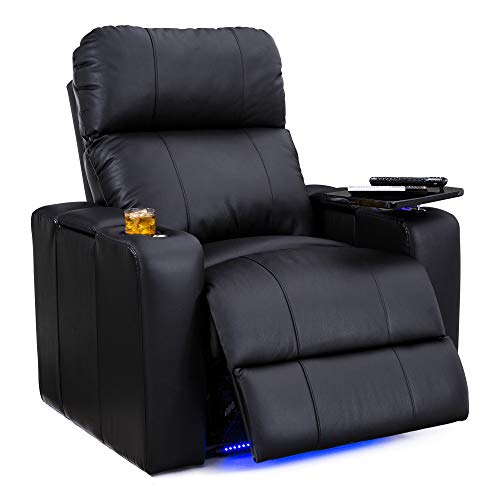 Seatcraft Julius Home Theater Seating Big & Tall 400 lbs Capacity - Top Grain Leather - Power Recline - Powered Headrest - USB Charging - Lighted Cupholders and Base (Single Recliner, Black)