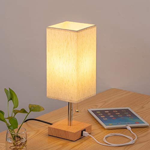 Bedside Table Lamp with USB Port - Bedroom Decor Table Lamp Nightstand Pull Chain Wood Lamp with Square Flaxen Fabric Shade for Living Room, Kids Room, College Dorm, Office (LED Bulb Included)