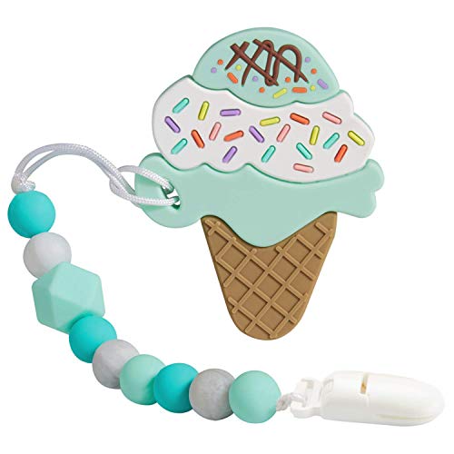 Nearbyme Baby Teething Toys, Silicone Ice Cream Shape Teether with Relief Beads Binky Holder and Pacifier Clips for Toddlers & Infant (Green)