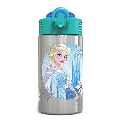 Zak Designs Frozen 15.5oz Stainless Steel Kids Water Bottle with Flip-up Straw Spout - BPA Free Durable Design, Frozen Girl SS