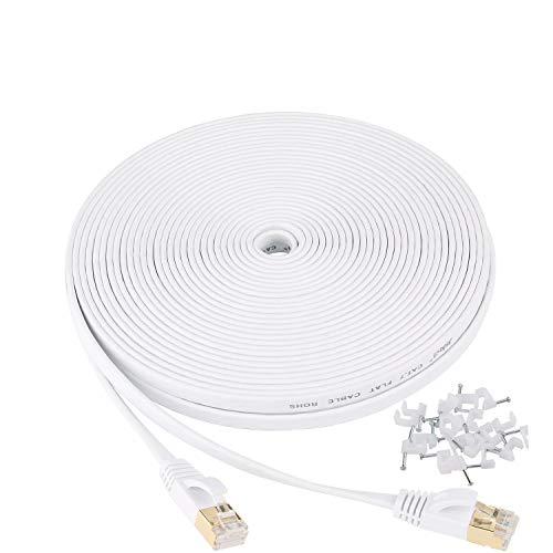 Jadaol Cat 7 Ethernet Cable 50 ft Shielded, Solid Flat Internet Network Computer patch cord, faster than Cat5e/cat6 network, durable Cat7 High Speed RJ45 Lan Wire for Router, Modem, Gaming, Hub– White