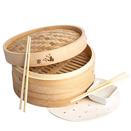 Prime Home Direct 10 inch Bamboo Steamer Basket, 2 Tier Food Steamer, Natural Bamboo Dumpling Steamer with Lid contains 2 Pair of Chopsticks, 1 Sauce Dish & 50 Wax Papers Liners - Steam Cooker
