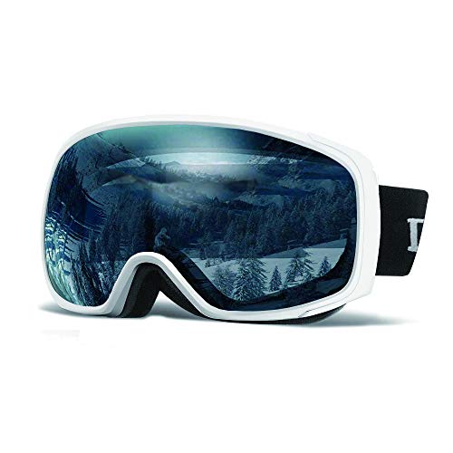 Loowoko Unisex Ski Goggles, OTG Snowboard Goggles with UV400 Protection & Dual Lens Goggles for Skiing, Skating, Winter Outdoor Sport (White Frame-Blue Lens-31.9%)