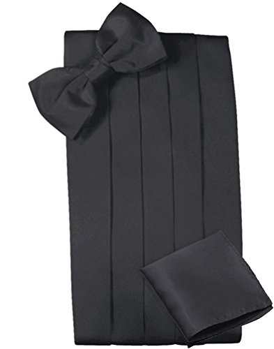 Mens Satin Cummerbund Bowtie Hanky set, 4 Pleat, Large Variety of Solid Colors Available, by Platinum Hanger (Black)