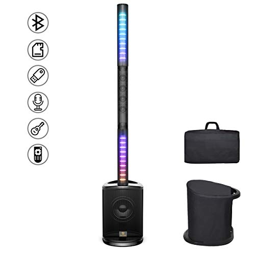 AKUSTIK 450 Watts Powered PA System Array Speaker Set, LED lights Portable DJ Speaker Active Subwoofer 8 inch & 4 Tweeters with Bluetooth/USB/SD Remote Control, Carry bag, Guitar Connectable