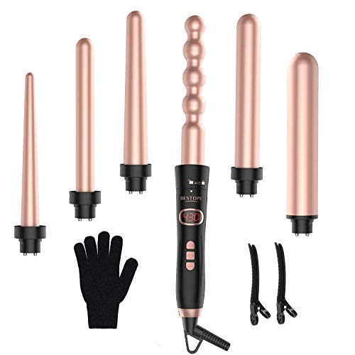 BESTOPE Curling Iron 6 in 1 Curling Wand Set Instant Heating Up Hair Wands Curler with 6 LED Temperature Adjustment, Heat Protective Glove & 2 Hair Clips