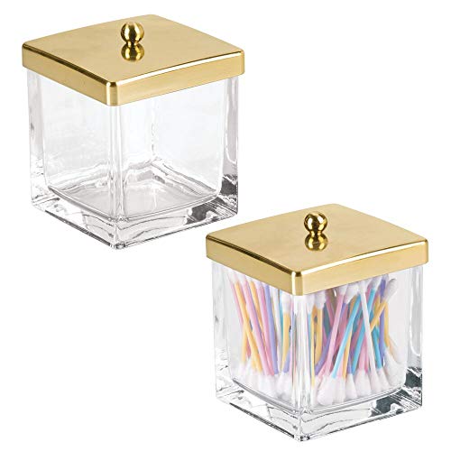 mDesign Modern Glass Square Bathroom Vanity Countertop Storage Organizer Canister Jar for Cotton Swabs, Rounds, Balls, Makeup Sponges, Bath Salts - 2 Pack - Clear/Soft Brass