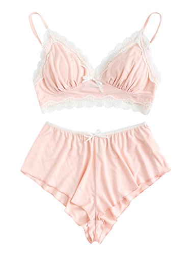 SweatyRocks Women's Lace Trim Underwear Lingerie Straps Bralette and Panty Set Pink S