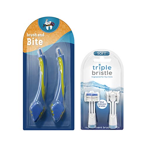 Brush and Bite Handle & Triple Bristle Replacement Brush Head Combo | Special Needs & Autism Mouth Prop Toothbrush | Ergonomic Handle w/Bite Block | Patented 3 Head Design | Kids & Adults