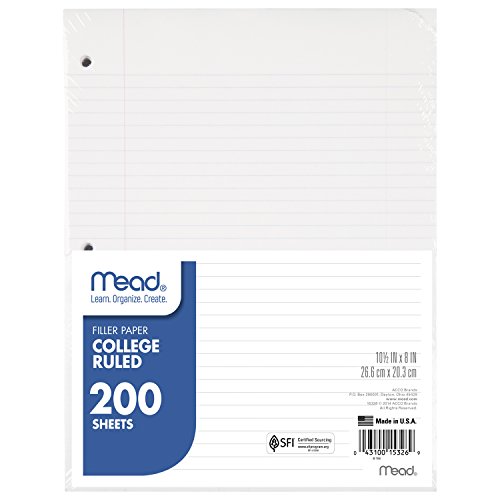 Mead Loose Leaf Paper, College Ruled, 200 Sheets, 10-1/2' x 8', Lined Filler Paper, 3 Hole Punched for 3 Ring Binder, Writing & Office Paper, Perfect for College, K-12 or Homeschool, 1 Pack (15326)