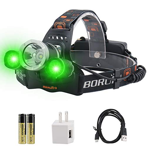BORUiT RJ-3000 LED Green Headlamp - White & Green LED Hunting Headlight - USB Rechargeable & 3 Mode -Ultra Bright 5000 Lumens Tactical Head lamp for Running, Camping, Hiking & More