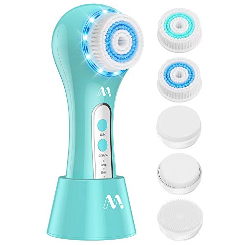 Facial Cleansing Brush Misiki Electric Face Brush Red/Blu Light Spin Brush Rechargeable IPX7 Waterproof Exfoliating Cleaner Brush with 3 Mode, 5 Brush Head for Exfoliating, Massaging, Remove Blackhead