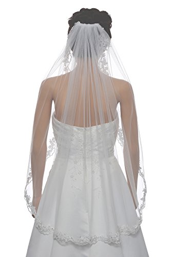 1T 1 Tier Flower Scallop Embroided Lace Pearl Veil - White Fingertip Length 36' V466