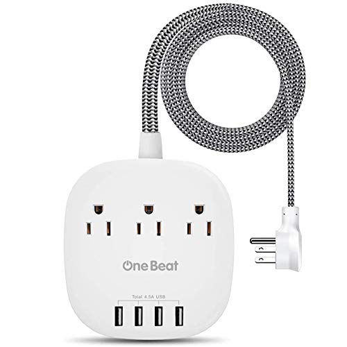 Desktop Power Strip with 3 Outlet 4 USB Ports 4.5A, Flat Plug and 5 ft Long Braided Extension Cords for Cruise Ship Travel Home Office, UL ETL Listed, White