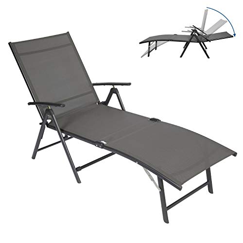 Circrane Outdoor Lounge Chair, Textiline Folding Chaise, Lounge Recliner for Beach/Yard/Pool/Patio with 7-Positions Adjustable backrest & Foldable Footrest (Grey)