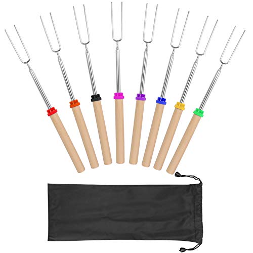 Coindivi Marshmallow Roasting Sticks, Smores Skewers Telescoping Rotating Forks Set of 8 Hot Dog Fire Pit Outdoor Fireplace Campfire Accessories-8 Multicolored 32 Inch Extendable Steel Fork Camping