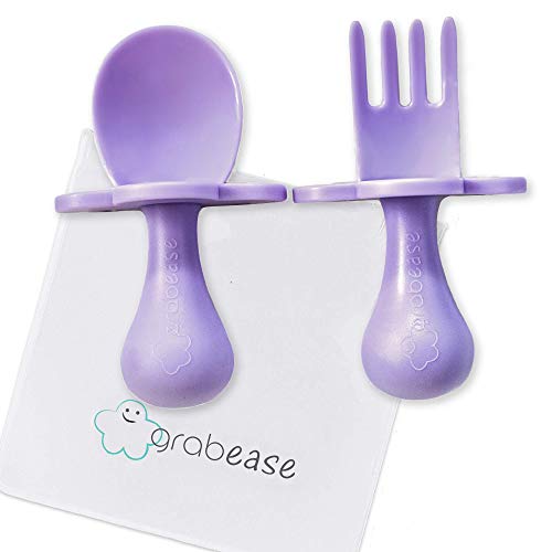 GRABEASE First Training Self Feed Baby Utensils – Anti-Choke, BPA-Free Baby Spoon and Fork Toddler Utensils with Pouch Set – Toddler Silverware for Baby Led Weaning Ages 6 Months+ (Lavender)