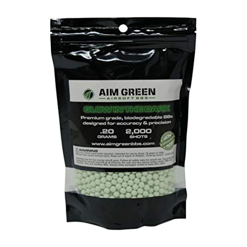 Aim Green: Glow in The Dark Biodegradable Airsoft BBS 6mm - 2,000 Airsoft BBS Pellets .20g Rounds - Spring, Gas, Co2 and AEG Pistols - Precision Rounds for Air Soft Sniper Rifles
